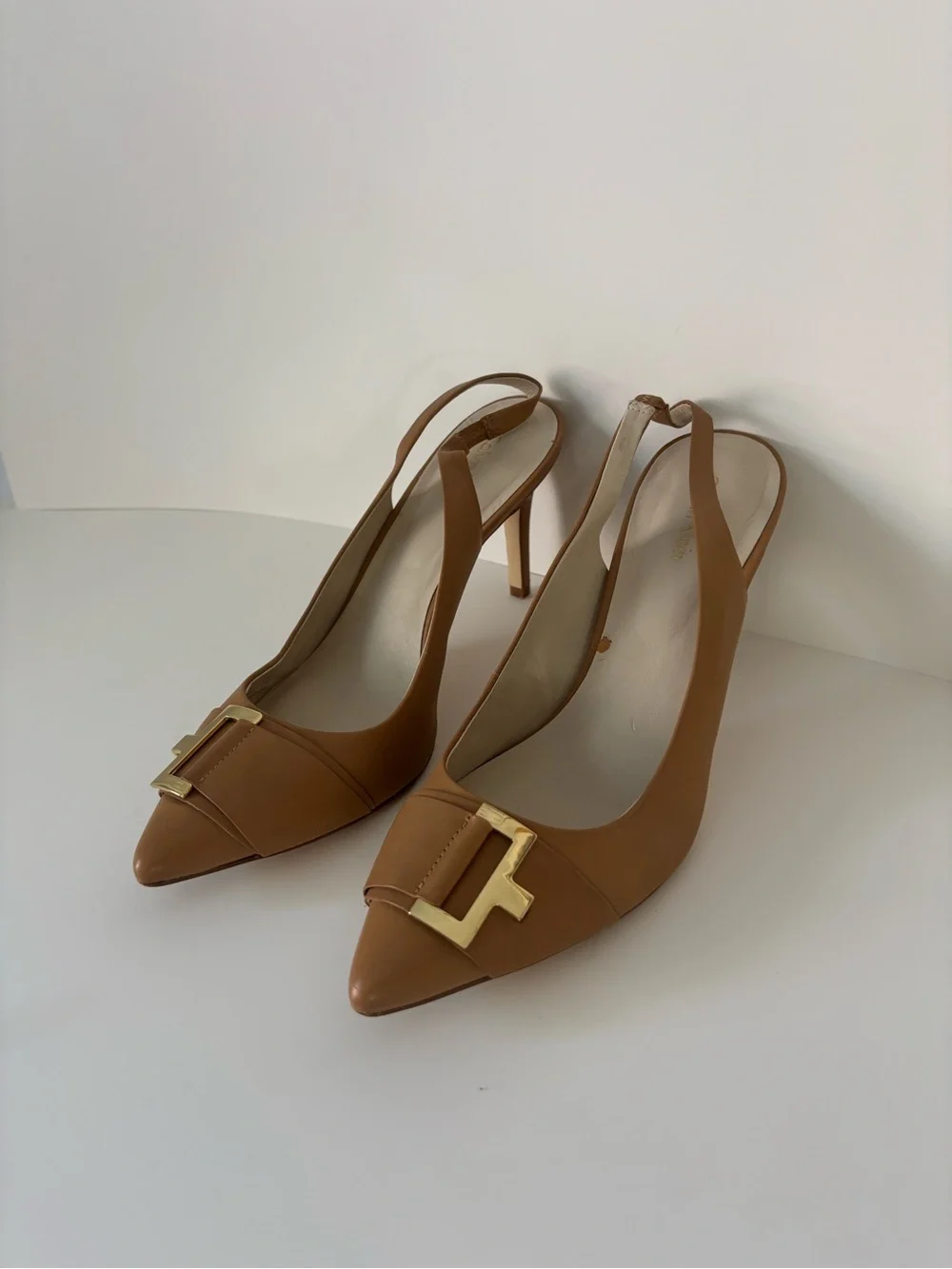 Calvin Klein Women's Tan Pointed-Toe Slingback Pumps with Gold Accent
